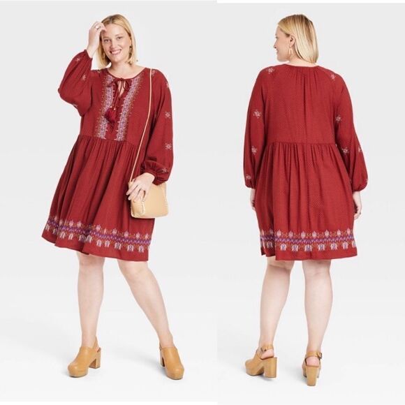 Knox rose red Balloon Long Sleeve Embroidered boho tassel oversized Dress -S - Picture 1 of 13